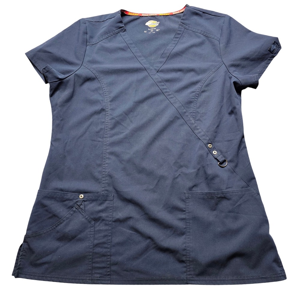 Dickies Xtreme‎ Stretch Navy Blue Mock Wrap Scrub Top 85956 Womens Size Large